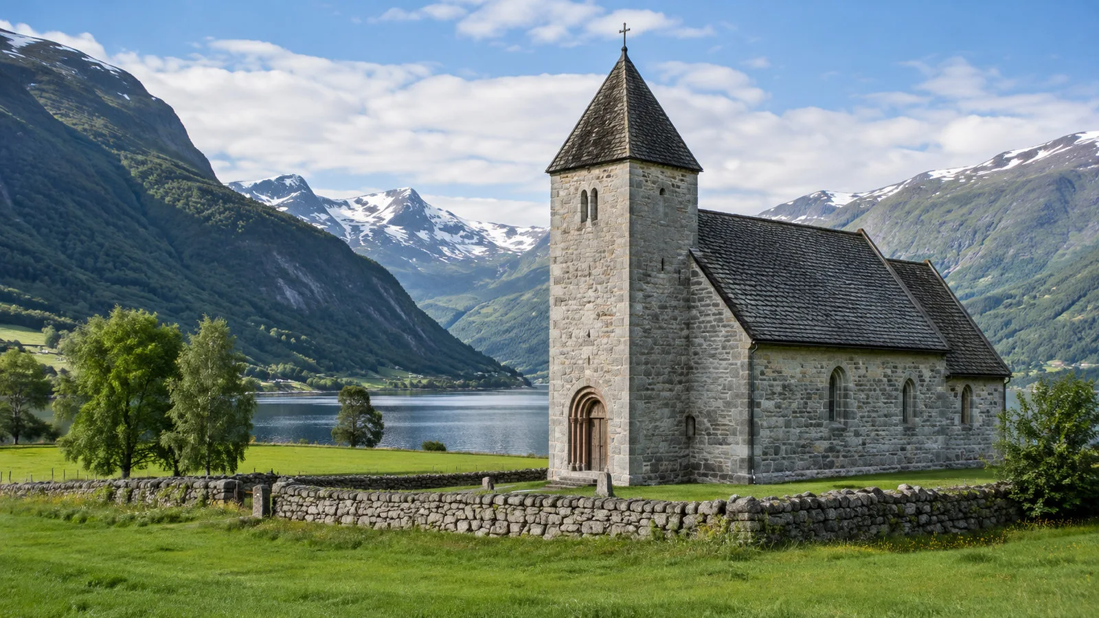 Hove Stone Church near Vikoyri Norway simple Romanesque stone church and green fields, no people