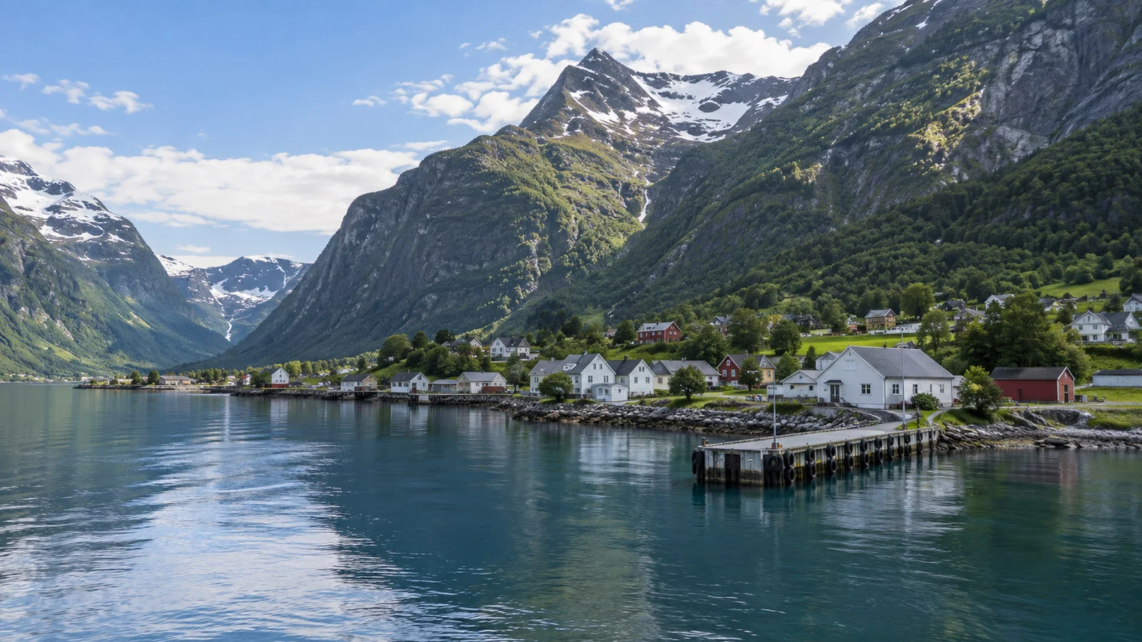 Vikoyri Norway calm Sognefjord shoreline with small tender pier and village backed by steep mountains, no people