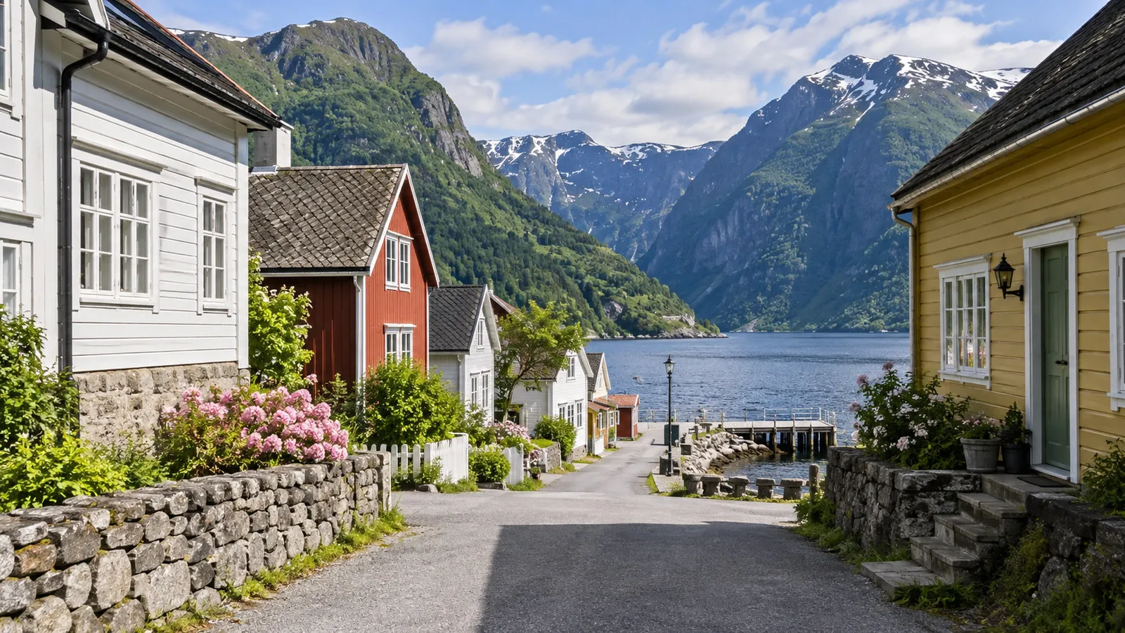Walking route from Vikoyri fjord landing through small village street with wooden houses and mountains, no people