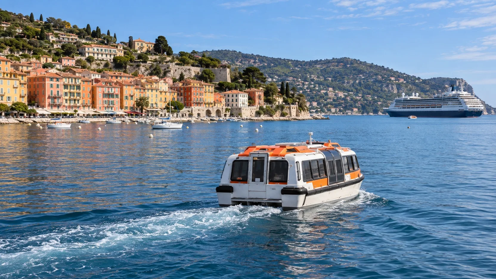 Tender boat crossing Villefranche-sur-Mer harbor toward an anchored cruise ship