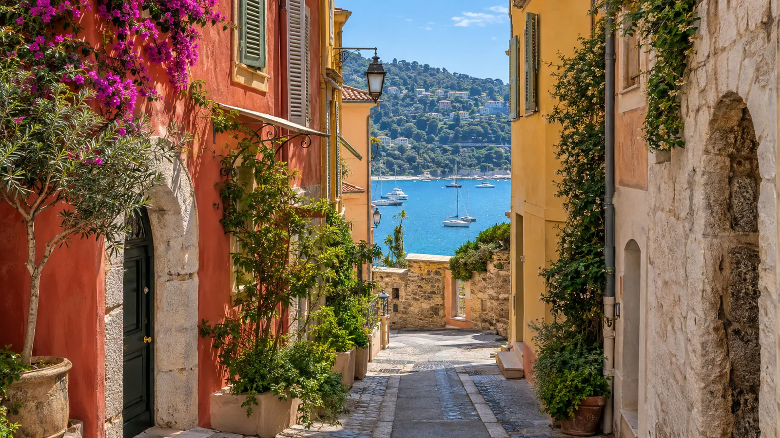 Colorful narrow old town lane in Villefranche-sur-Mer