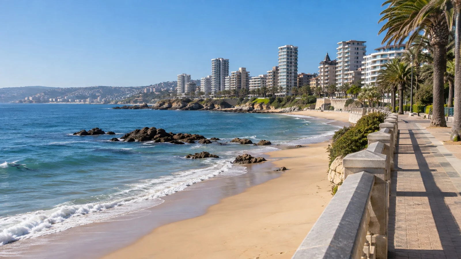 Empty beach and coastal promenade at Viña del Mar near Valparaíso, Chile