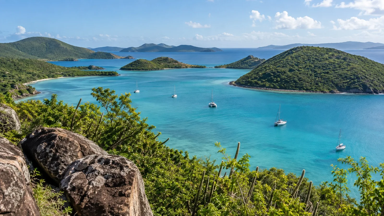 Sailboats on sheltered turquoise water in Virgin Gorda’s North Sound