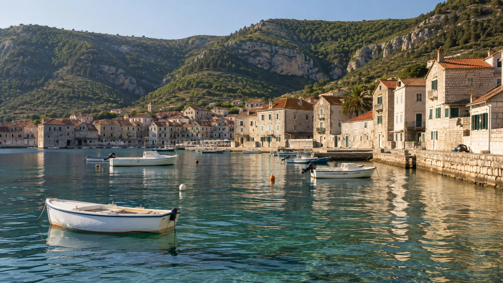 Komiza fishing village on Vis island Croatia with harbor, stone houses and hills, no people