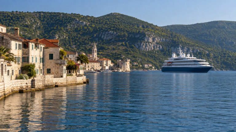 Small cruise ship anchored off Vis Town Croatia Adriatic waterfront with Venetian stone buildings and hills, no people