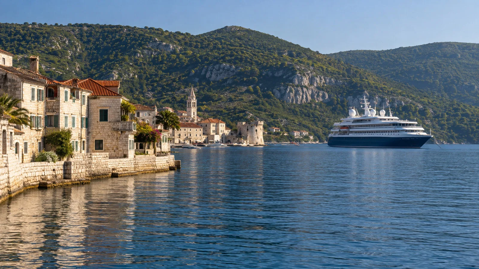 Small cruise ship anchored off Vis Town Croatia Adriatic waterfront with Venetian stone buildings and hills, no people