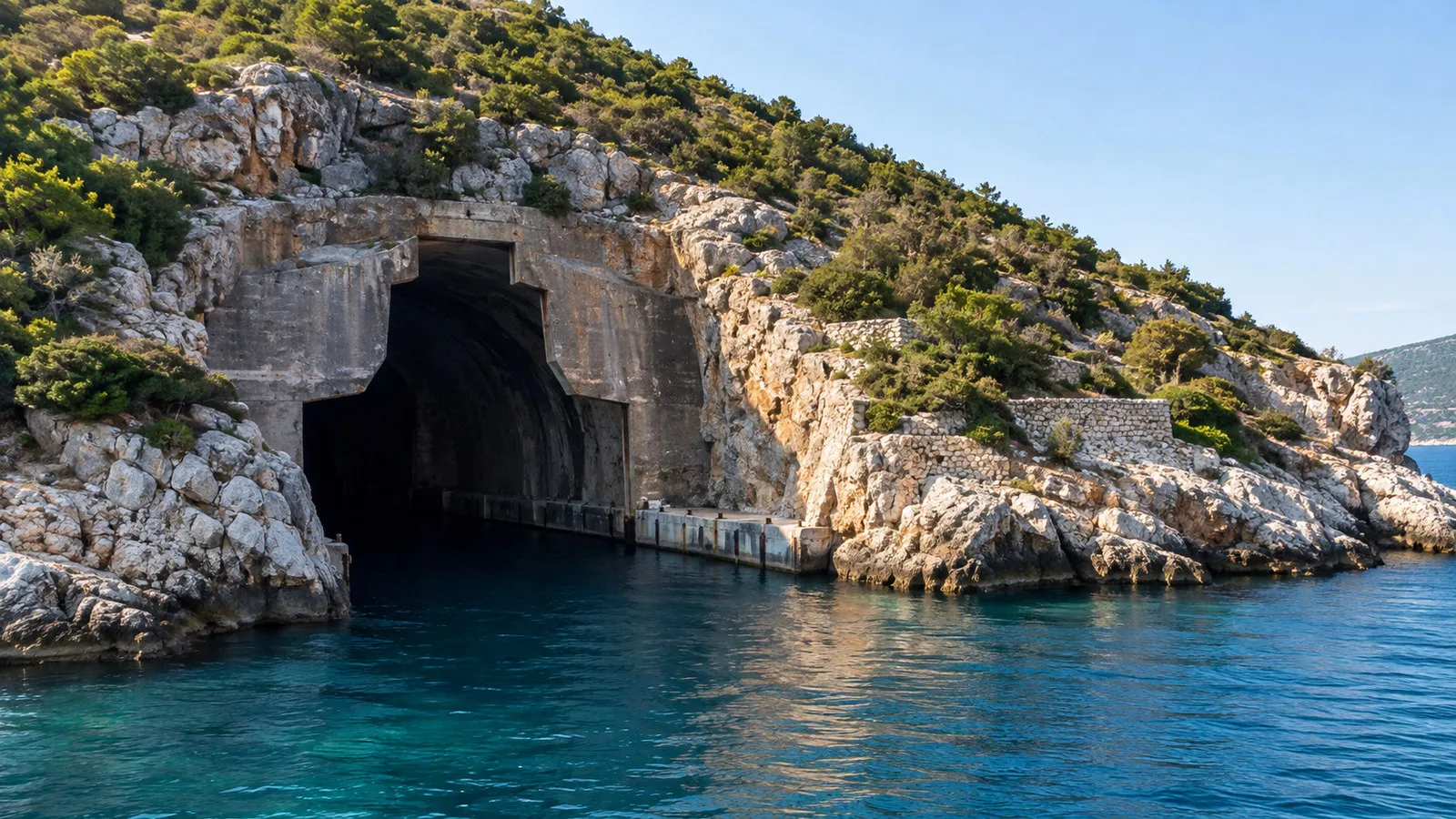 Vis Island Croatia coastal WWII military tunnel entrance cut into rocky hillside above Adriatic, no people