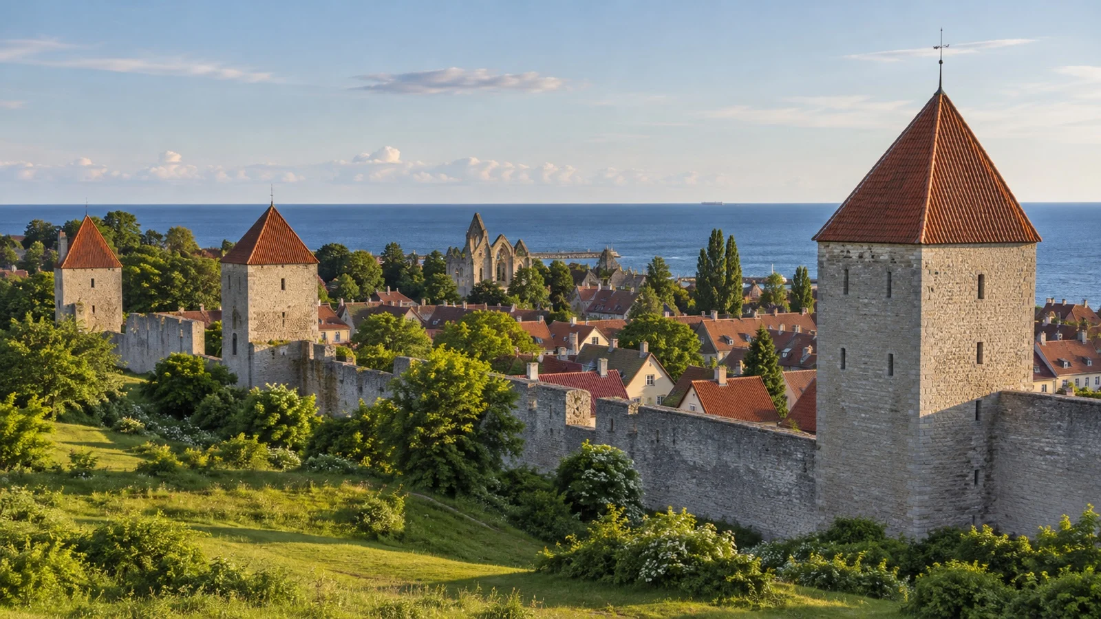 Medieval stone walls and towers around Visby on the Swedish island of Gotland
