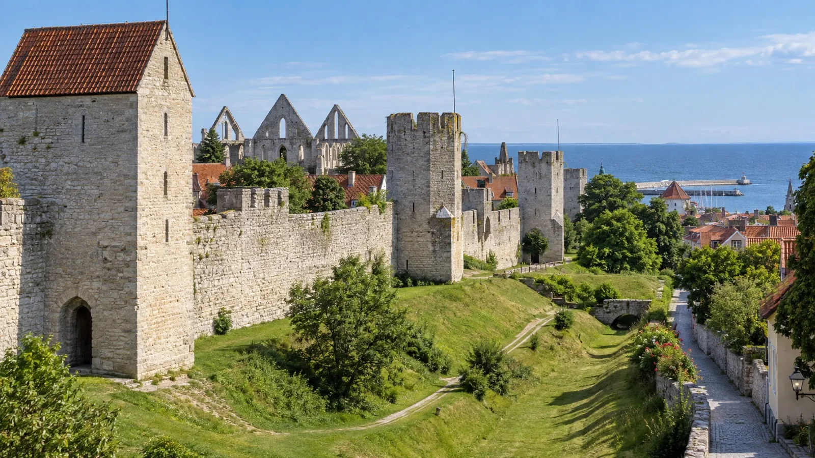 Limestone medieval city wall and towers in Visby