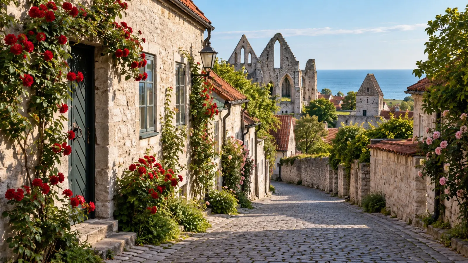 Cobbled lane and stone houses inside Visby old town
