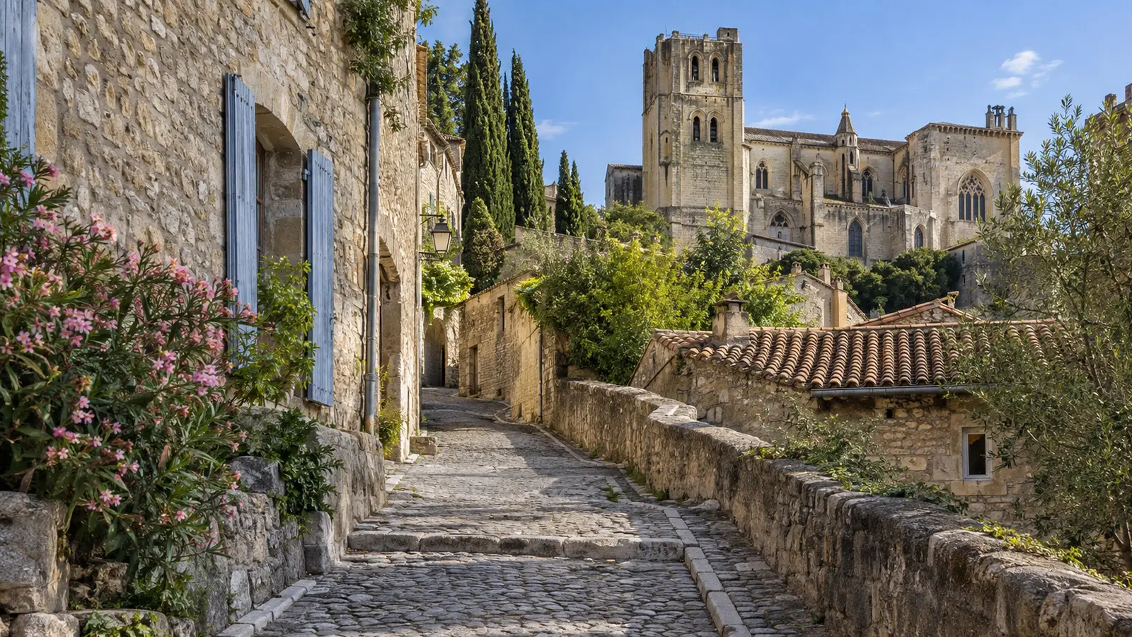 Medieval lanes climbing toward Viviers Cathedral