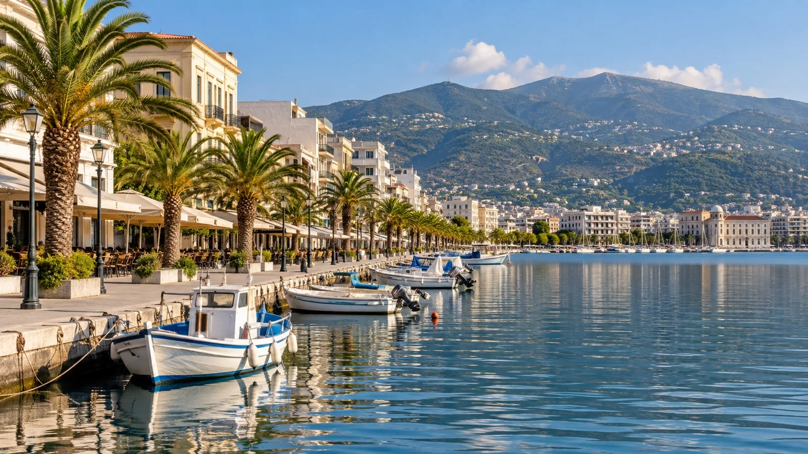 Palm-lined waterfront promenade and boats in Volos