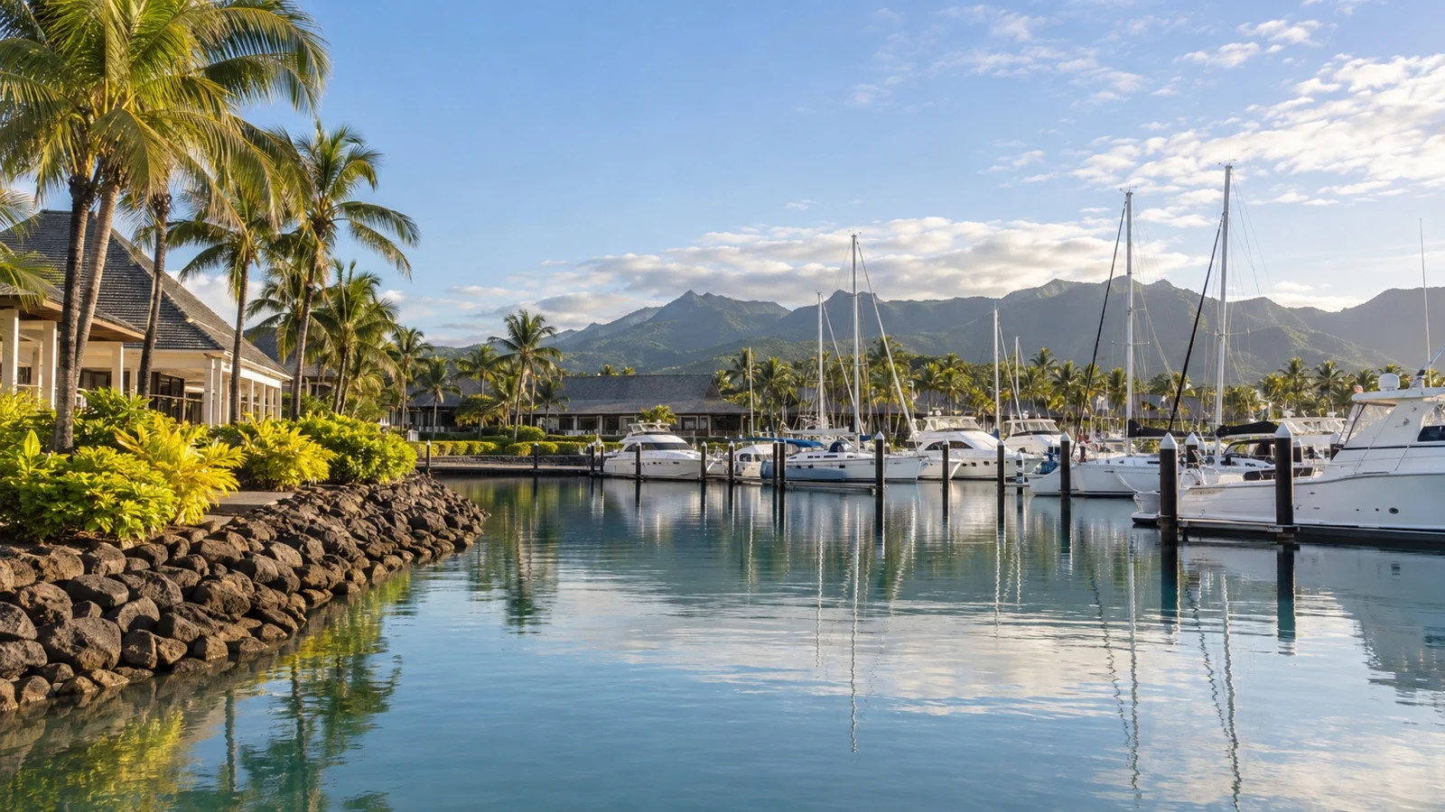 Empty Vuda Point marina near Lautoka, Fiji, with yachts and palm trees