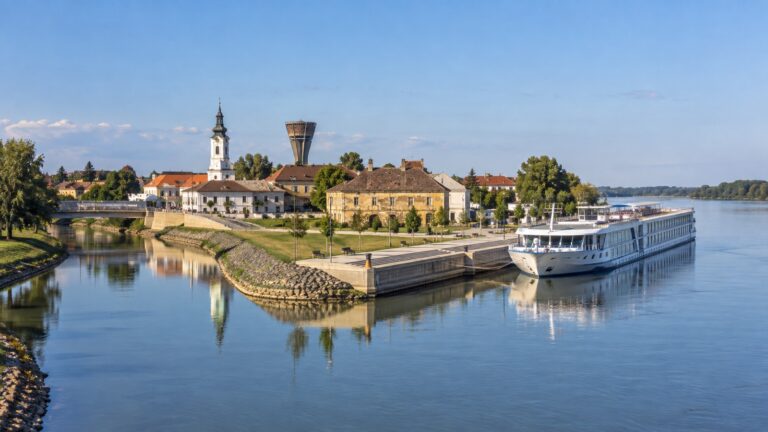 River cruise ship at the Vukovar waterfront beside the Danube