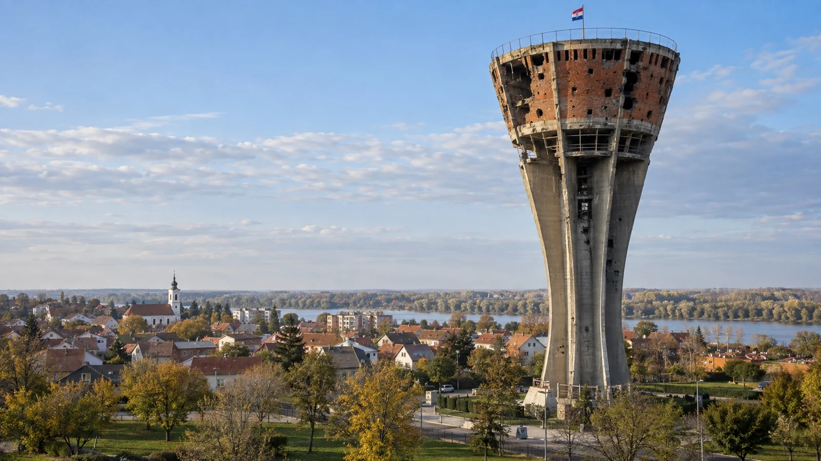 War-scarred Vukovar Water Tower above the city