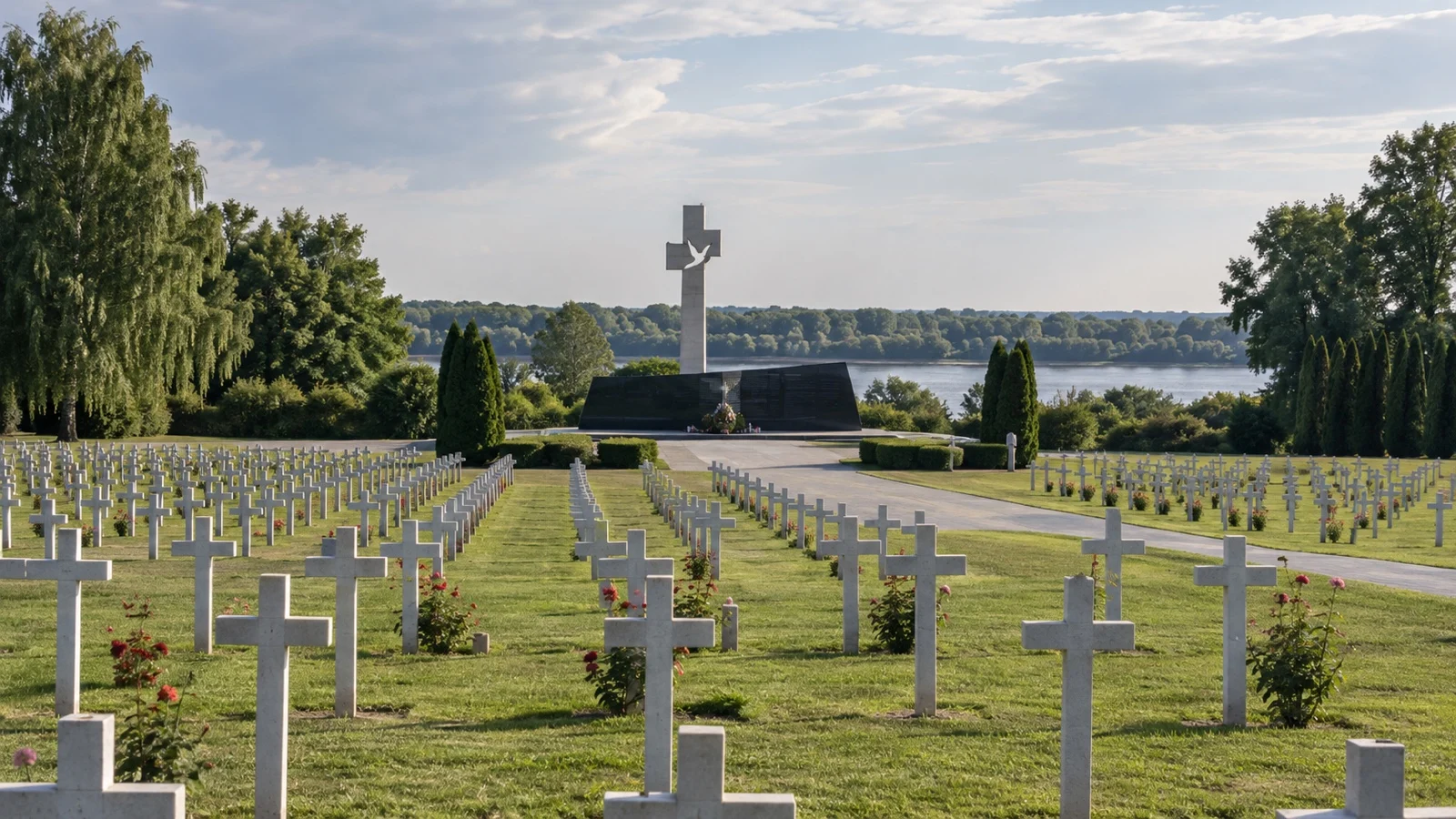 Rows of memorial crosses at the Vukovar memorial cemetery