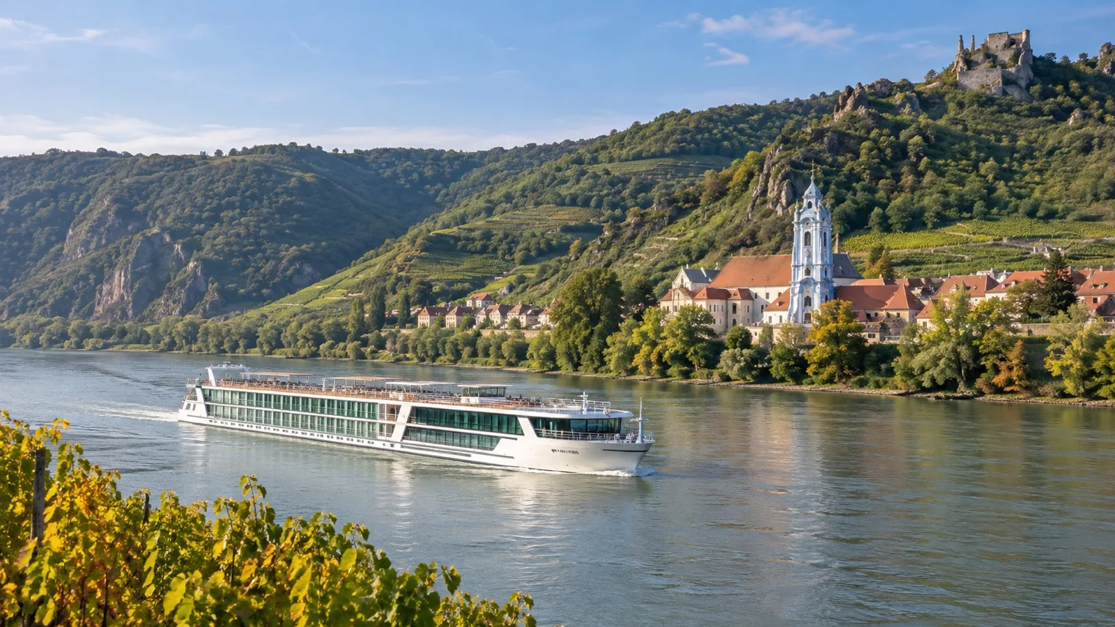 River cruise ship passing Wachau vineyards