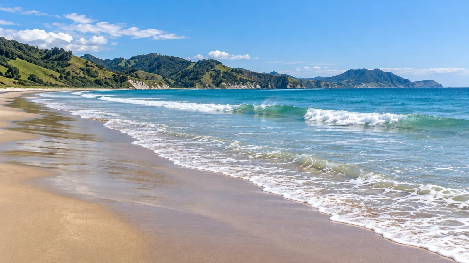 Long sandy beach and Pacific surf at Wainui near Gisborne