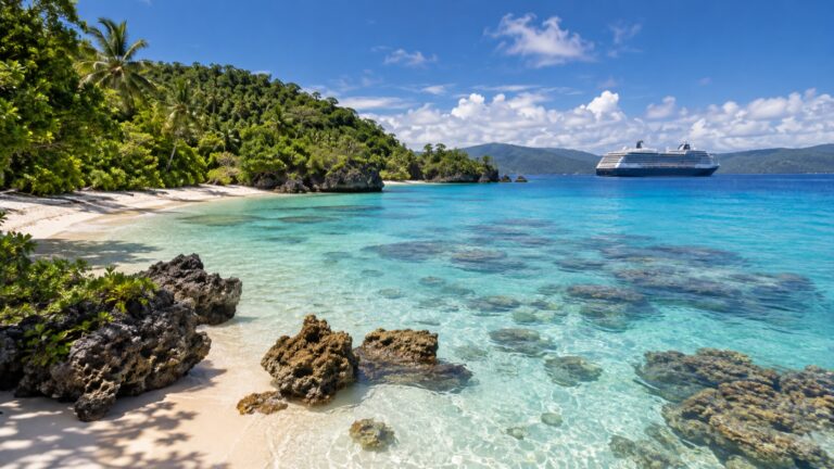 Wala Island beach, reef shallows and a cruise ship anchored offshore