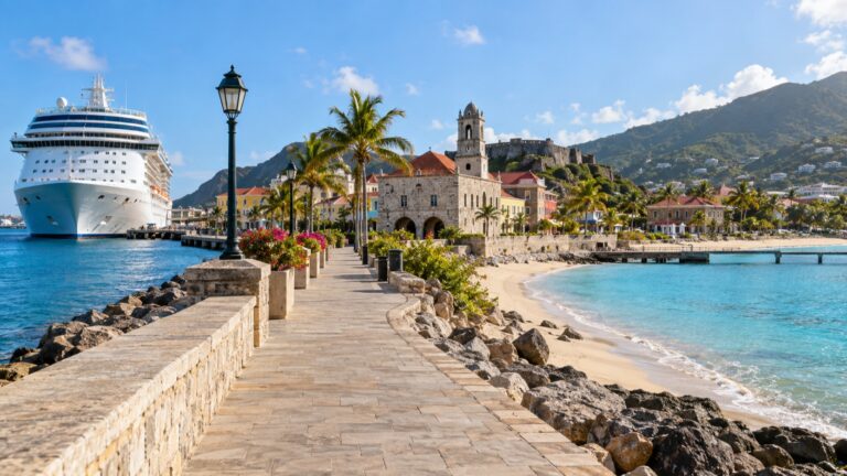 Waterfront path linking a cruise ship, historic town and Caribbean beach