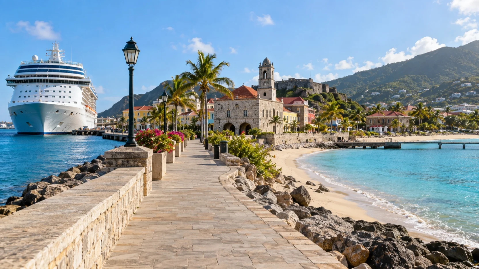 Waterfront path linking a cruise ship, historic town and Caribbean beach