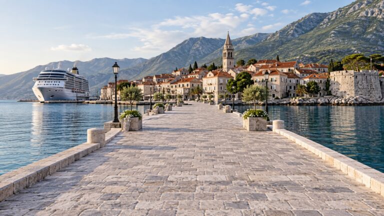 Empty stone waterfront walkway leading from a cruise ship toward a compact coastal town