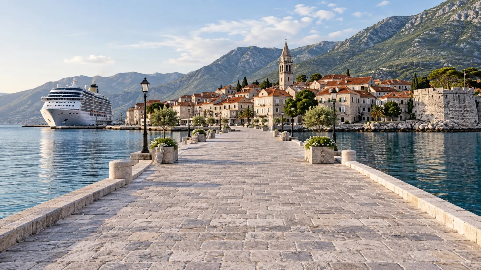 Empty stone waterfront walkway leading from a cruise ship toward a compact coastal town