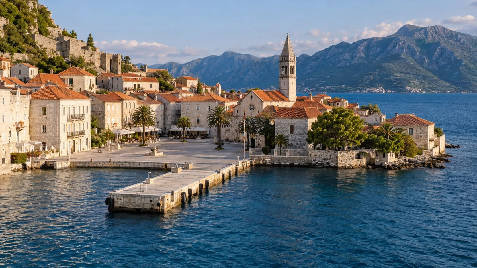 Compact old town and historic square beside a tender dock