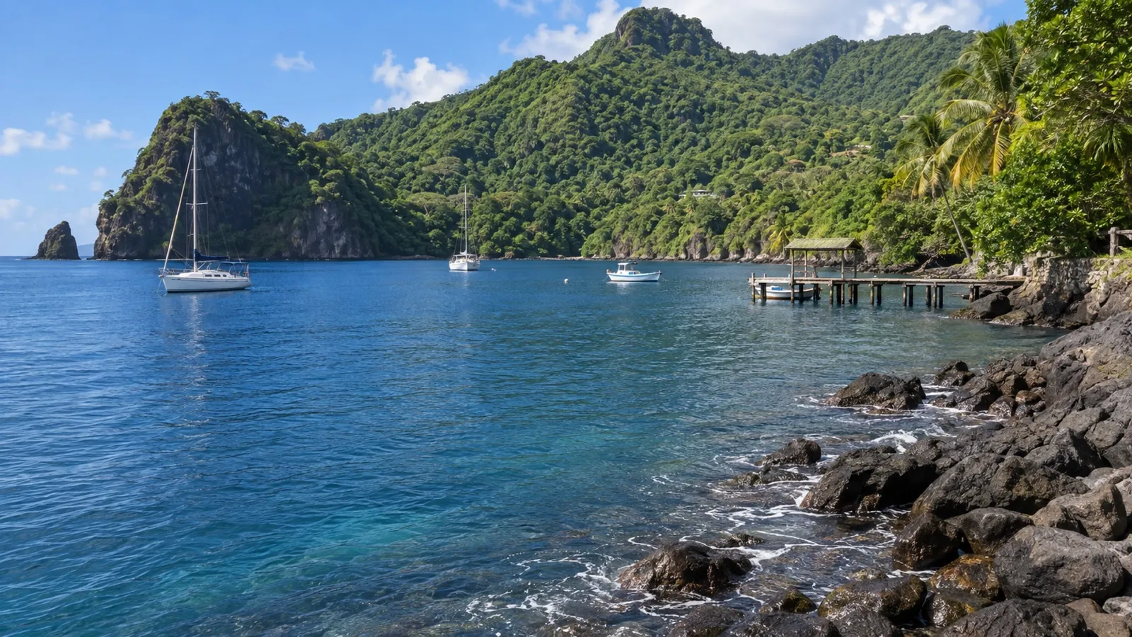 Boats and a wooden jetty along the green coast of Wallilabou Bay