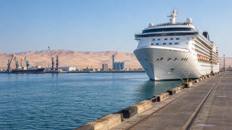 Cruise ship at Walvis Bay harbor with Namibian desert beyond