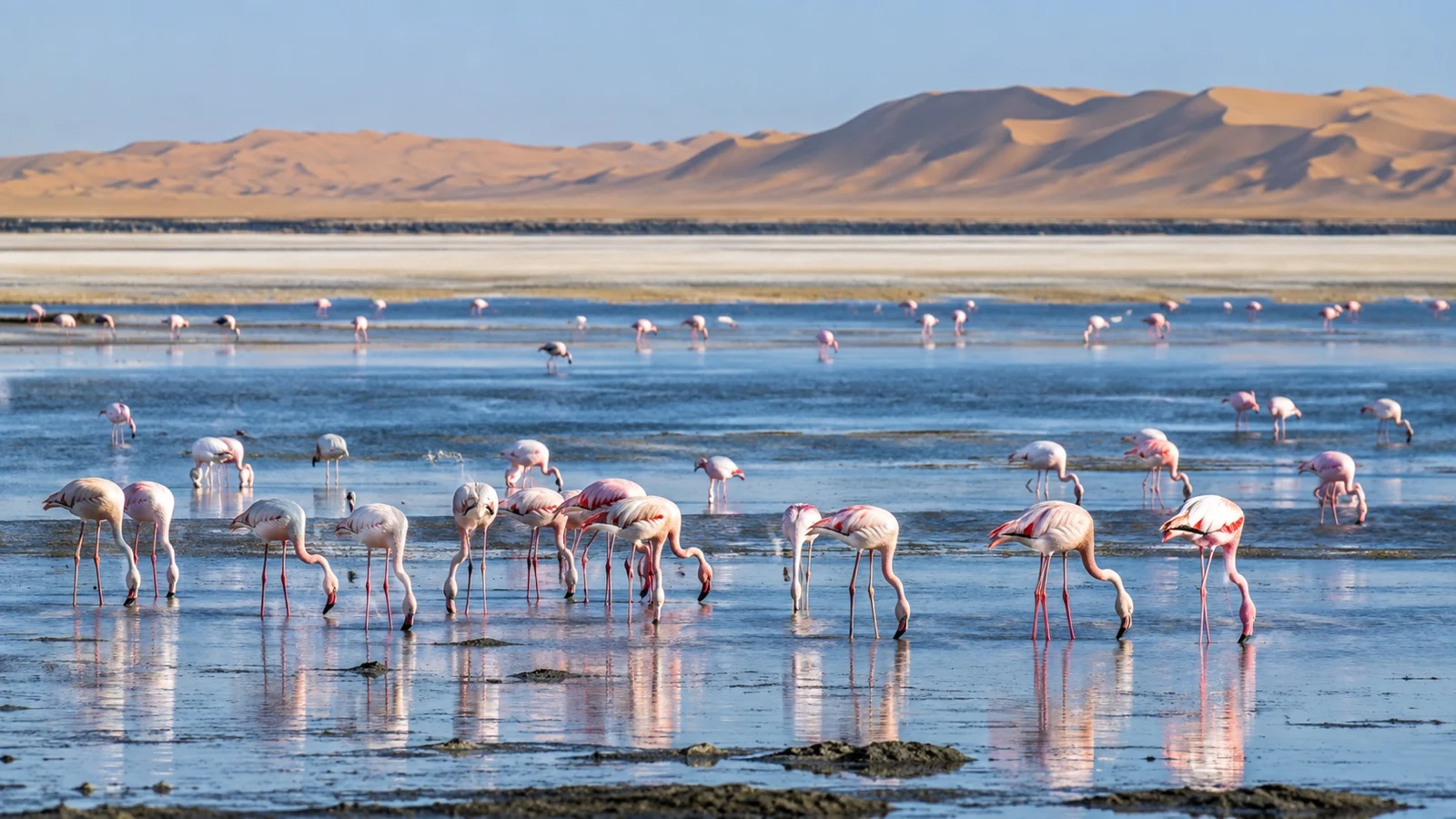 Flamingos wading in the Walvis Bay Lagoon