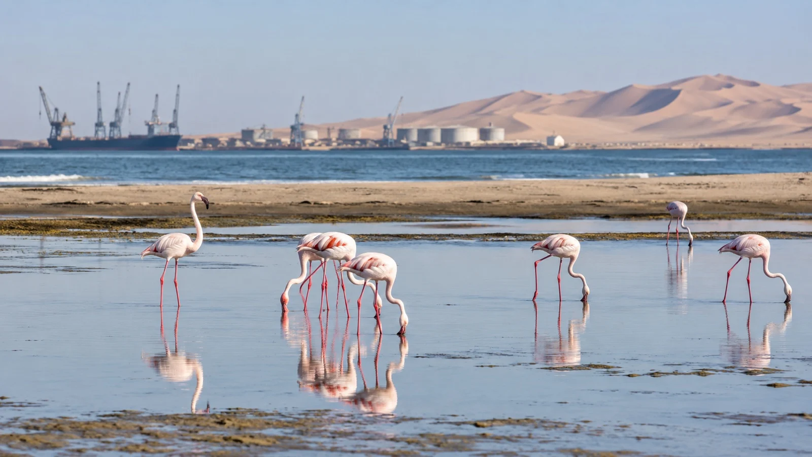 Flamingos wading in the shallow water of Walvis Bay Lagoon