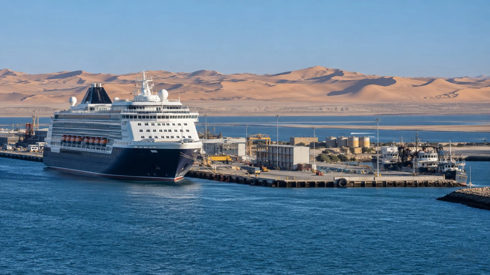 Cruise ship at Walvis Bay harbor beside the Namib Desert