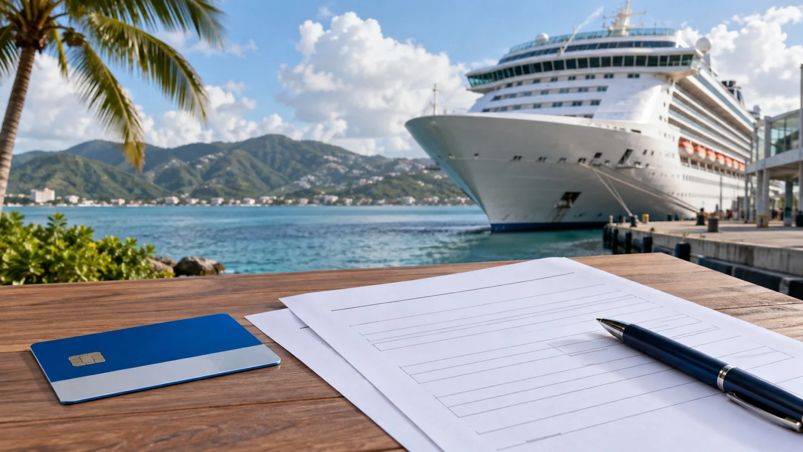 Generic warehouse-club membership card and blank cruise booking papers, no logos or readable text