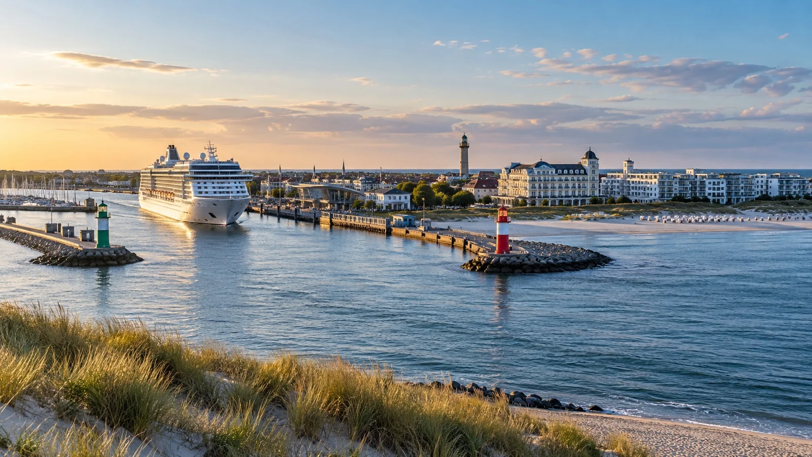 Panoramic Warnemünde harbor entrance, cruise ship, resort hotels and Baltic coast