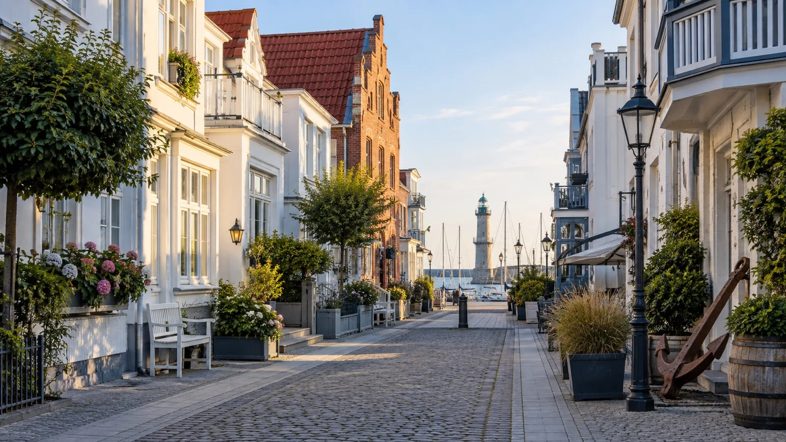 Quiet Warnemünde town street with small hotels, traditional north German facades and maritime atmosphere