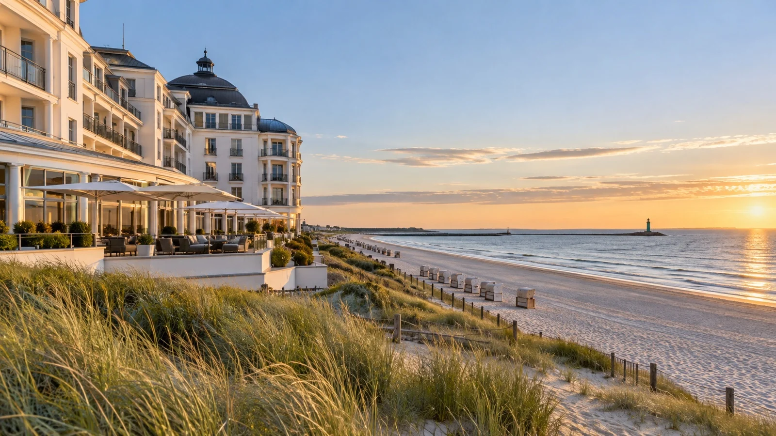 Upscale beachfront hotel in Warnemünde overlooking broad Baltic sand and water