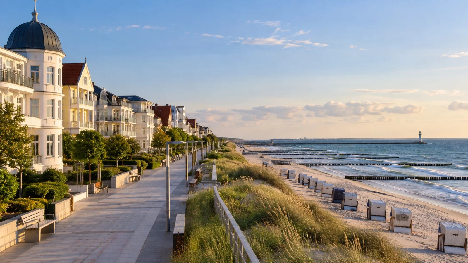 Warnemünde seaside promenade with midrange hotels, beach and Baltic Sea