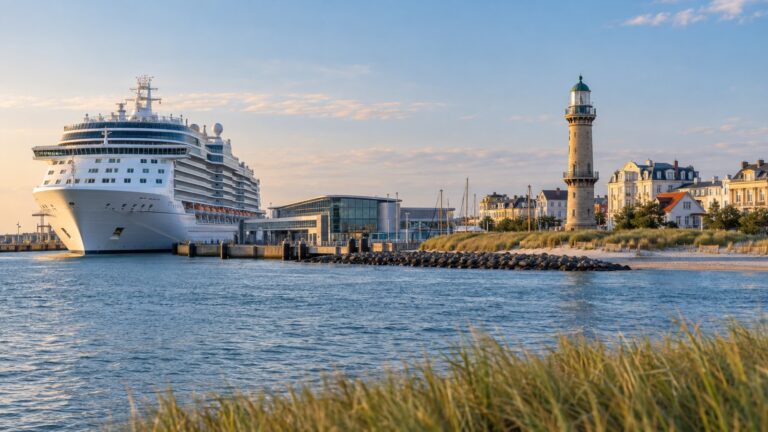 Warnemünde cruise terminal with a white cruise ship docked beside the Baltic resort town and lighthouse