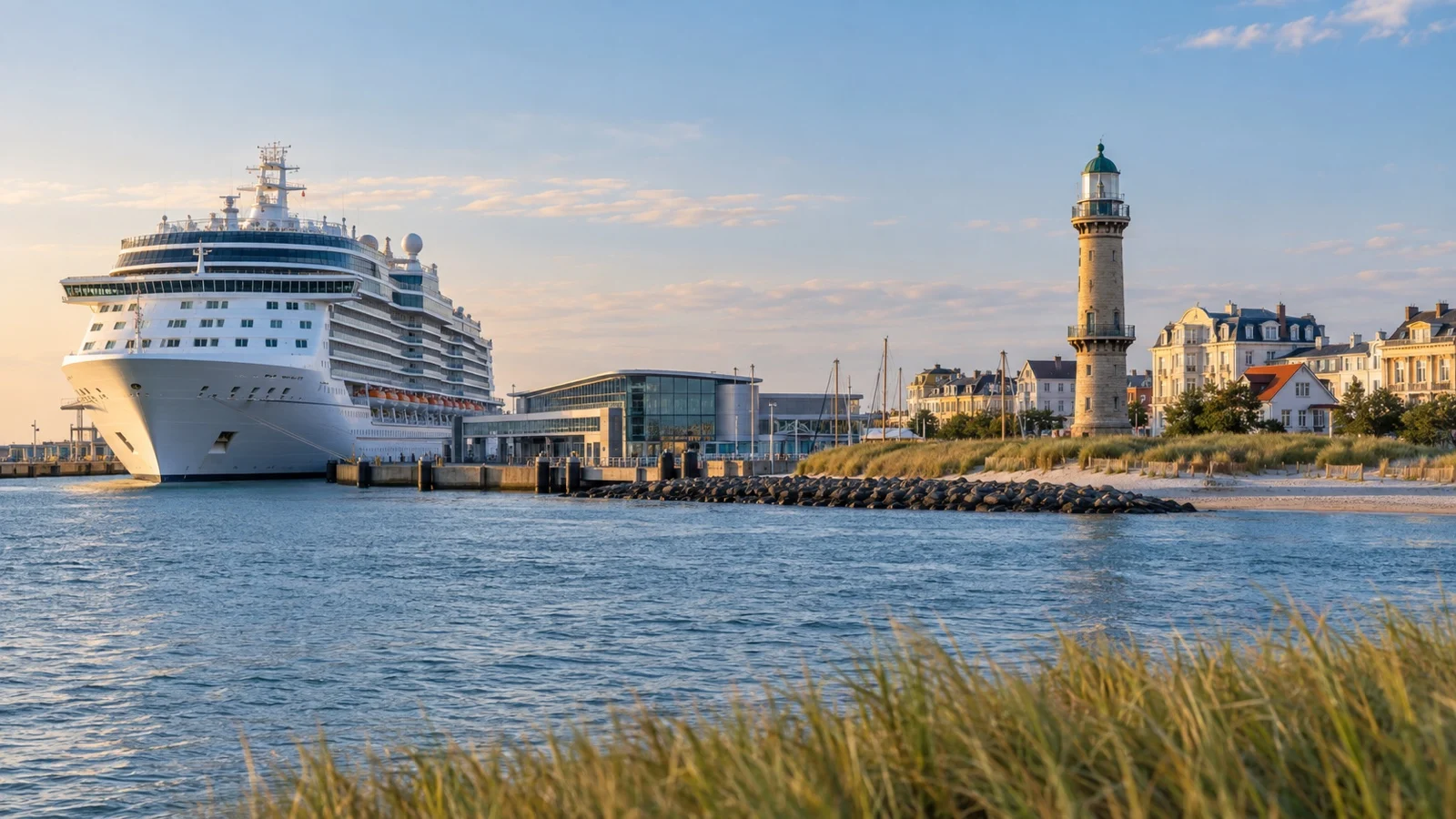 Warnemünde cruise terminal with a white cruise ship docked beside the Baltic resort town and lighthouse