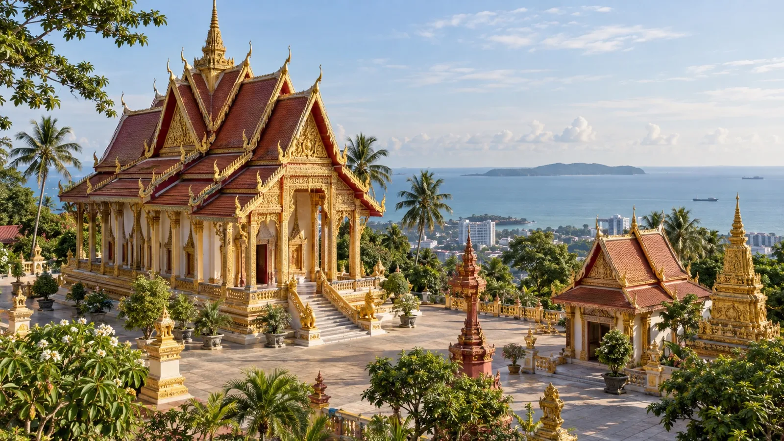Wat Krom temple overlooking the Gulf near Sihanoukville
