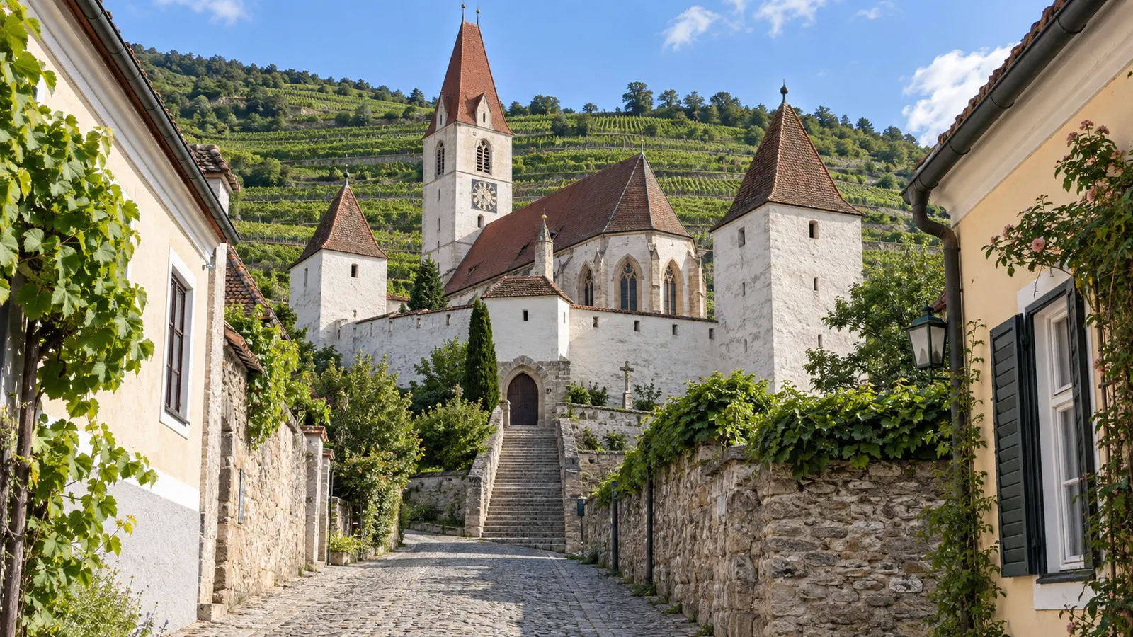 Fortified parish church and stone lane in Weißenkirchen, Austria
