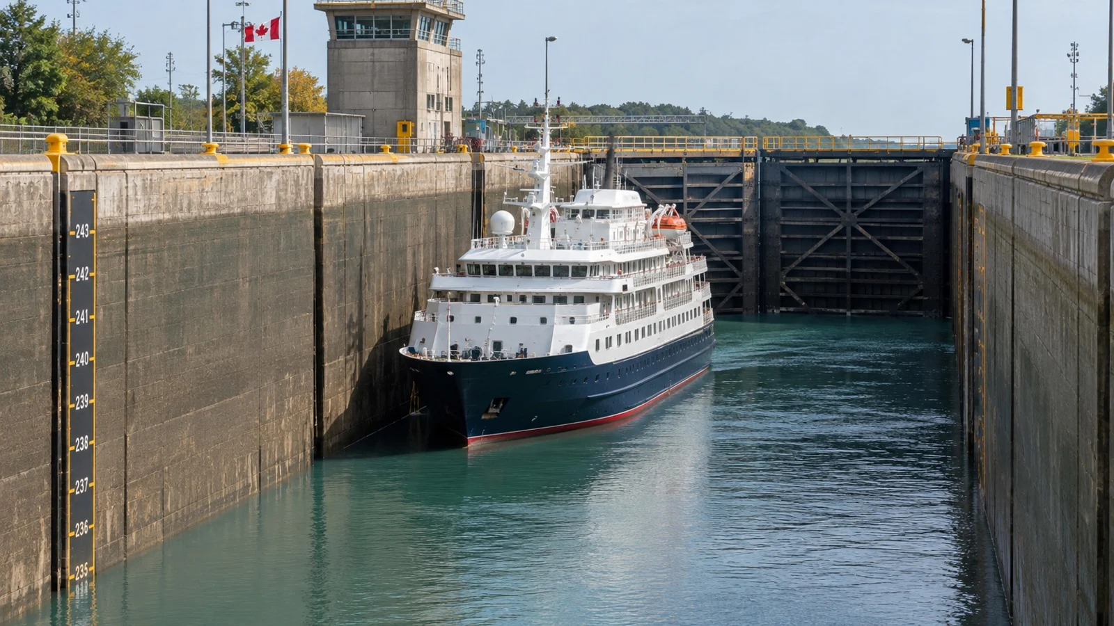Great Lakes cruise vessel inside Welland Canal lock