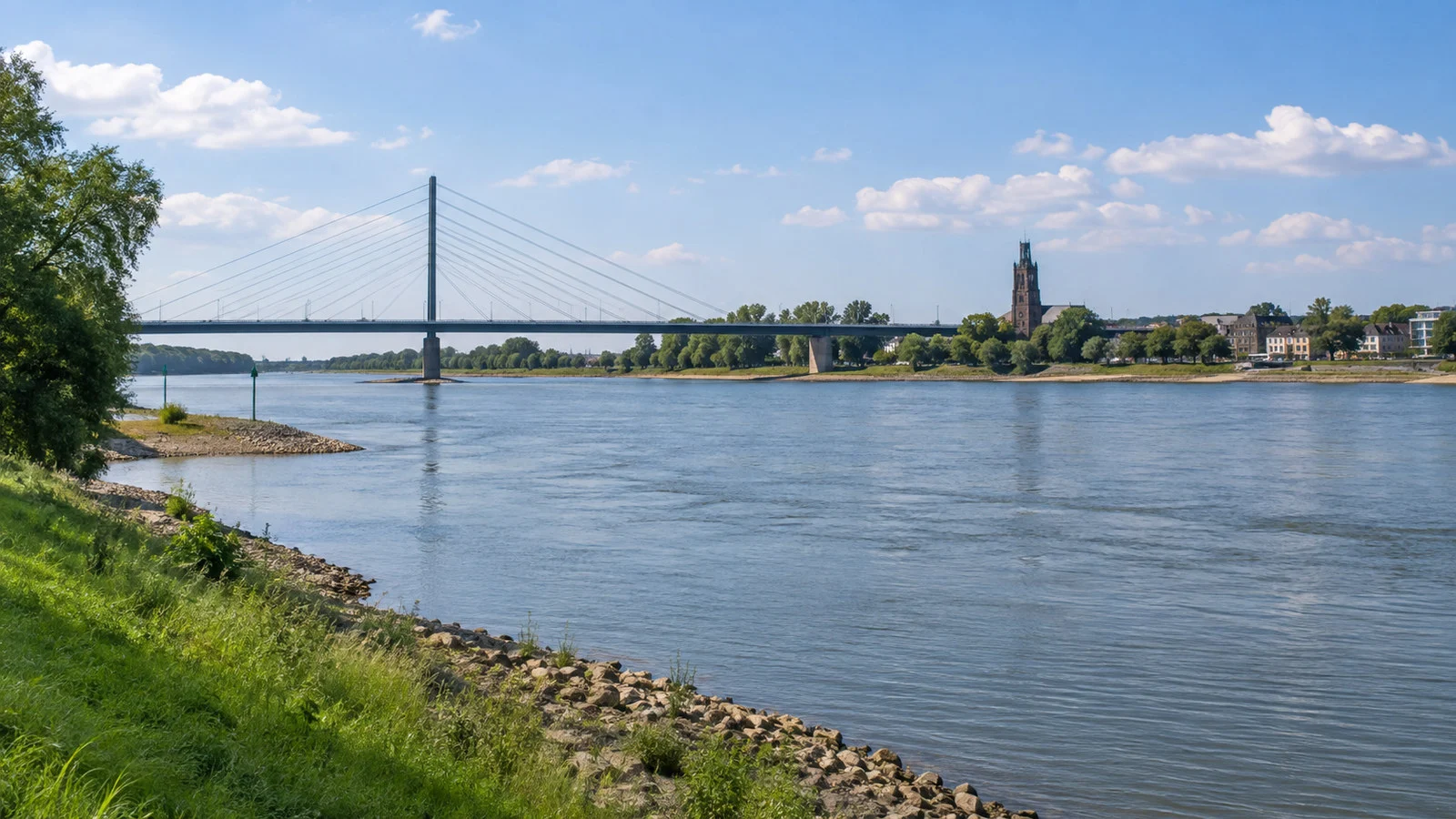 Broad Rhine River landscape and bridge near Wesel