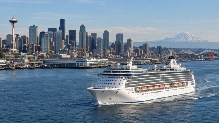Cruise ship leaving Seattle with the Space Needle and Mount Rainier beyond