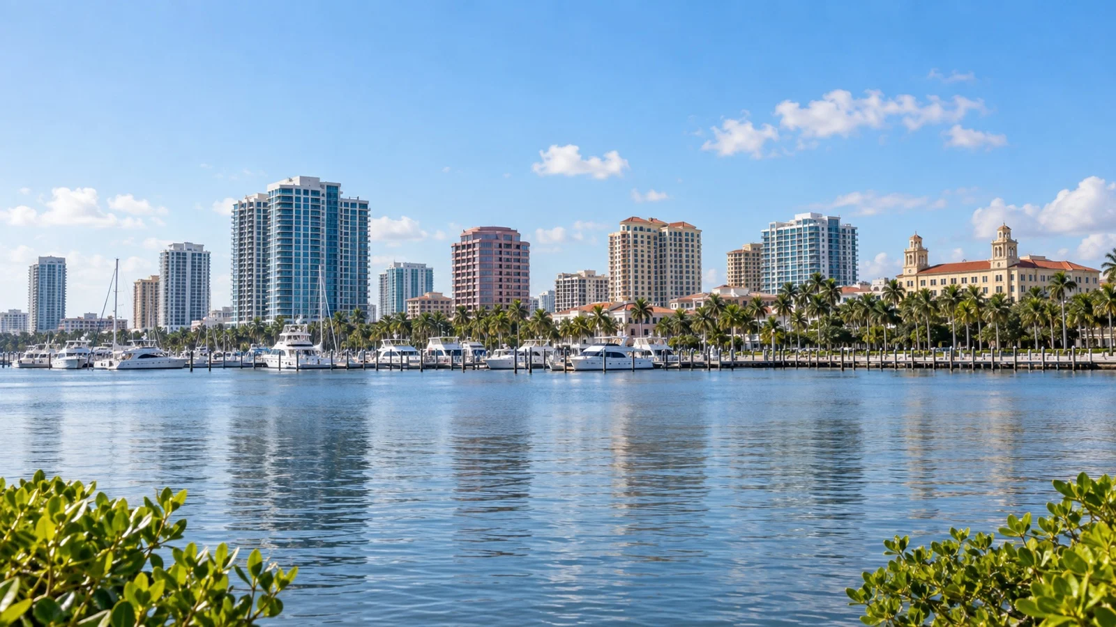 West Palm Beach waterfront with a marina and buildings across calm water