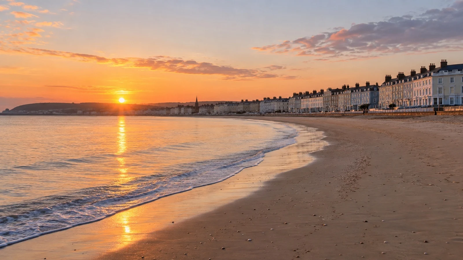 Weymouth Beach and Georgian seafront beside calm water