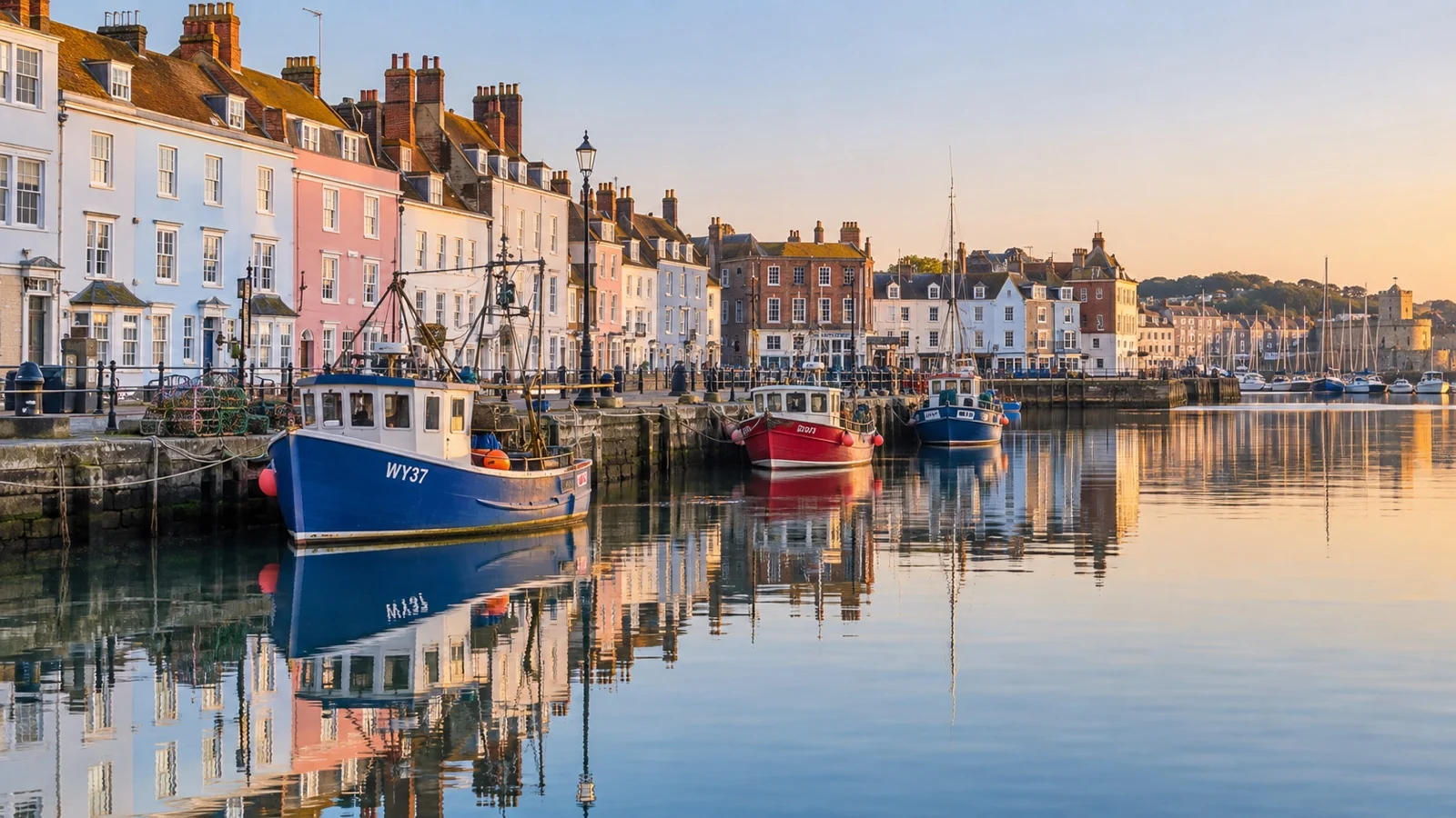 Fishing boats and colorful houses around Weymouth Old Harbour