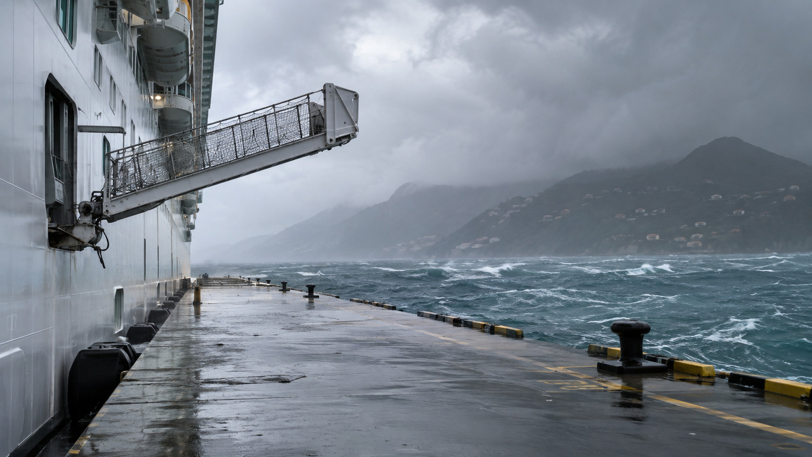 Cruise ship gangway raised above a wet empty pier during unsafe conditions