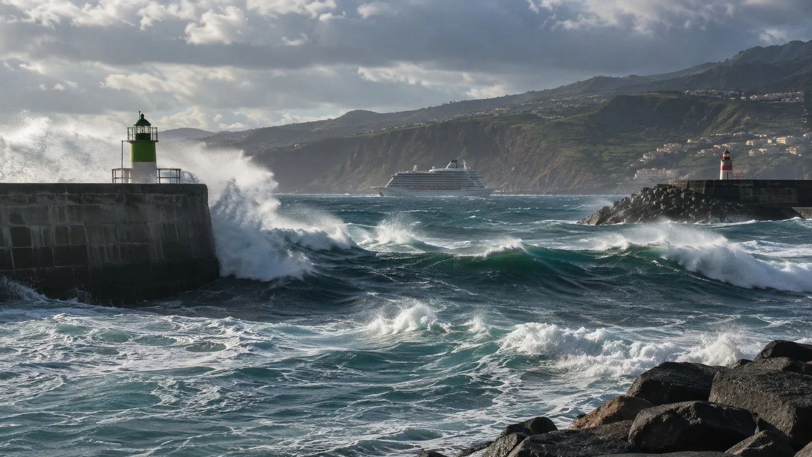 Large swells breaking across a cruise harbor entrance